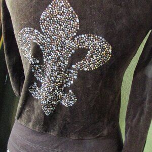 Romeo & Juliet Couture Hoodie Full Zip Brown Velvet Embroidery Trim Pockets M